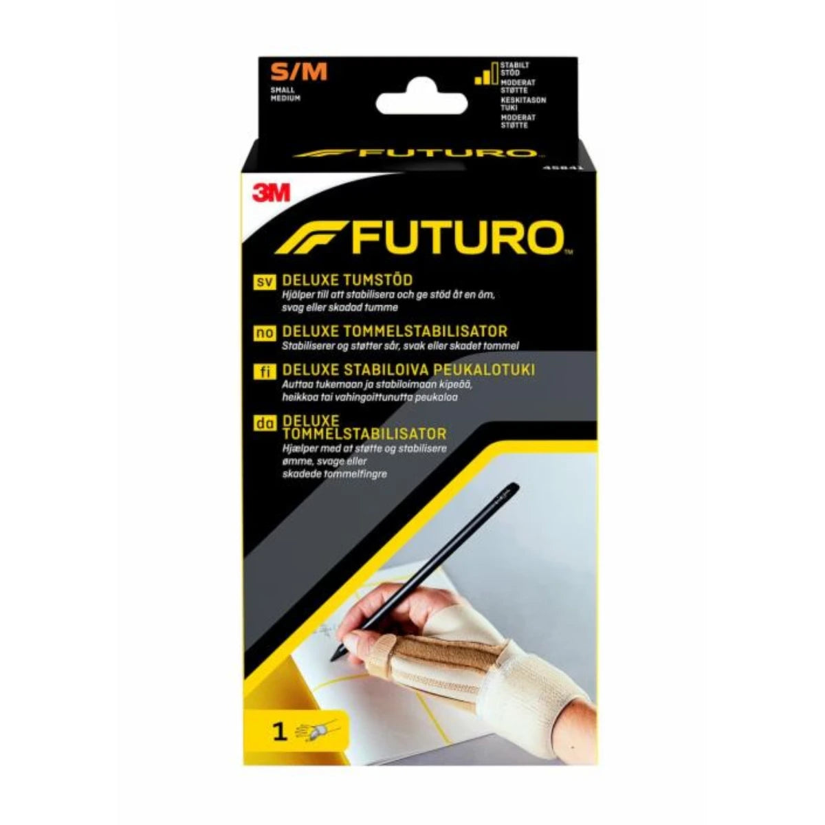 FUTURO Deluxe Stabiloiva peukalotuki S/M beigen värinen vahingoittunutta peukaloa stabiloiva tuki