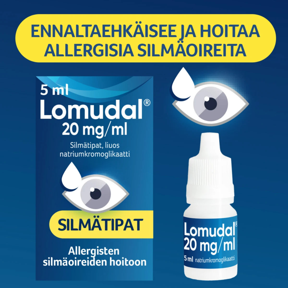 LOMUDAL 20 mg/ml silmätipat, liuos ennaltaehkäisee ja hoitaa allergisia silmäoireita