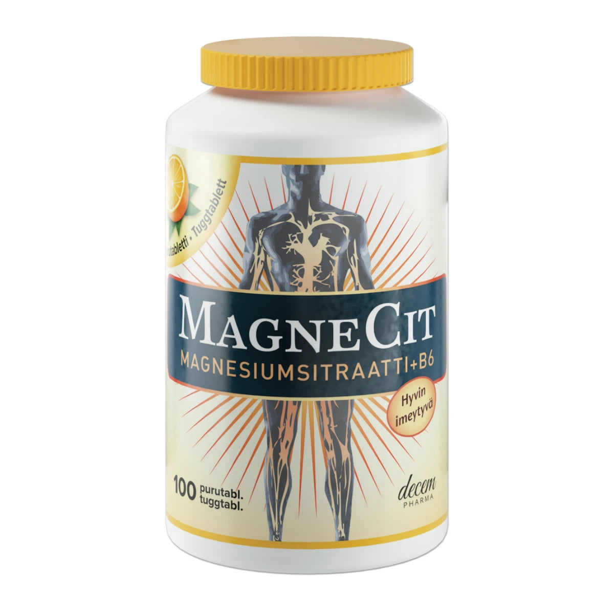 MAGNECIT Magnesiumsitraatti + B6 purutabletti 100 kpl appelsiininmakuinen purutabletti