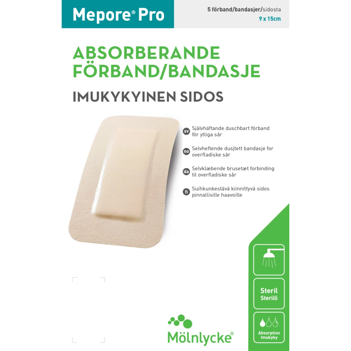 MEPORE Pro haavasidos vedenkestävä 9X15 cm 5 kpl itsekiinnittyvä sidos