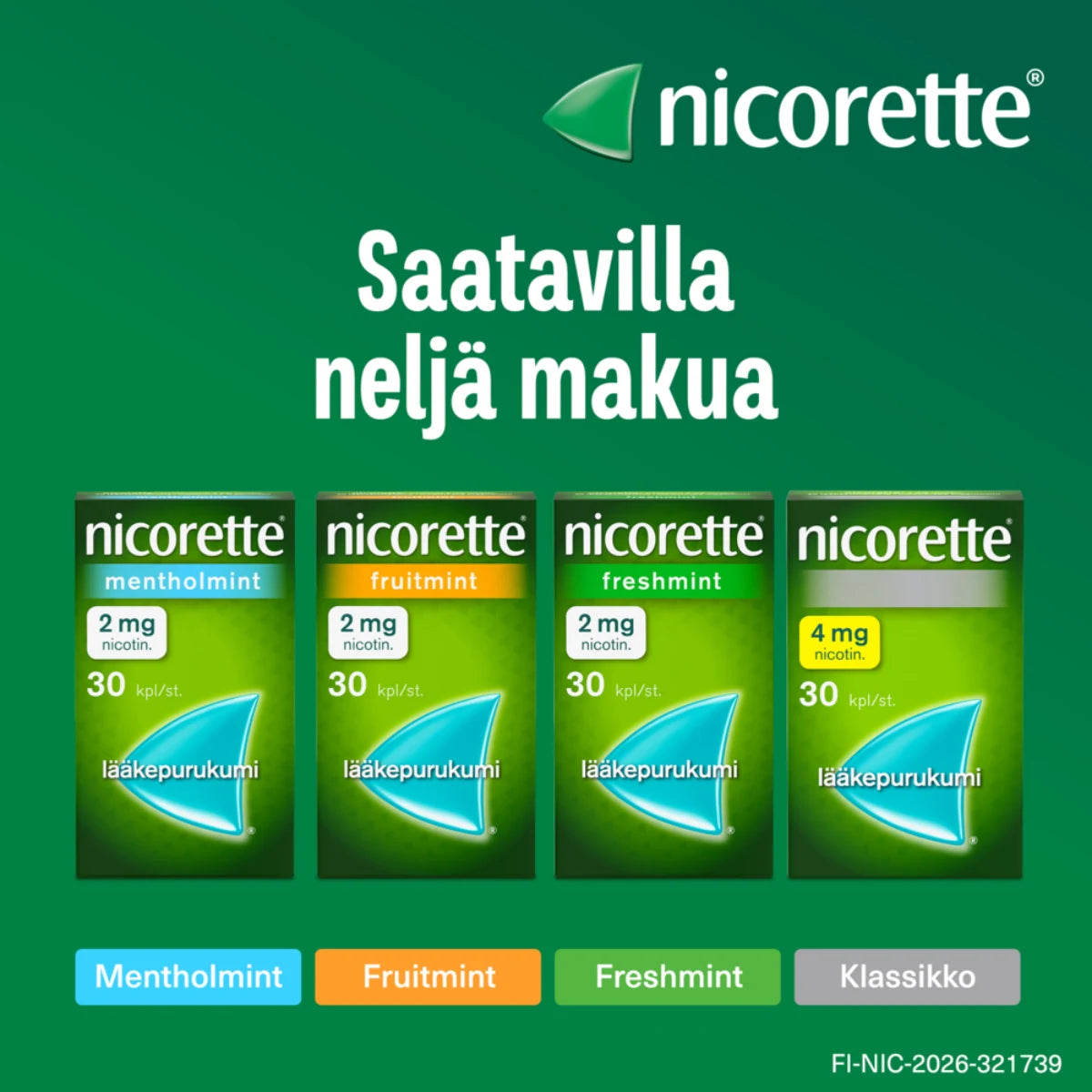 NICORETTE lääkepurukumi saatavilla olevat makuvaihtoehdot