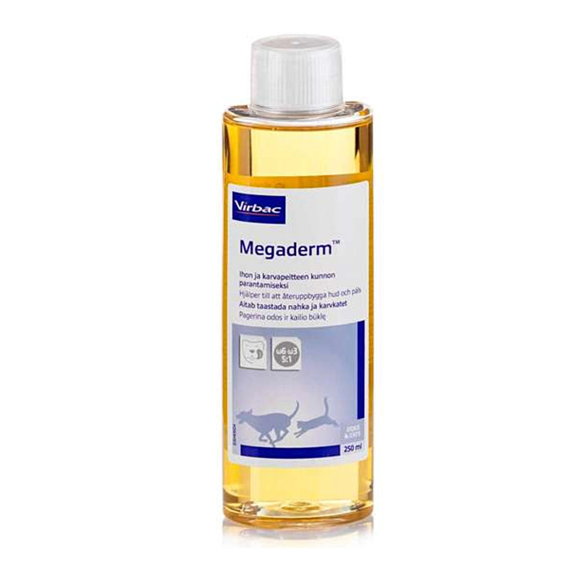 VIRBAC Megaderm Vet rasvahappovalmiste 250 ml ihon ja karvapeitteen kunnon parantamiseksi