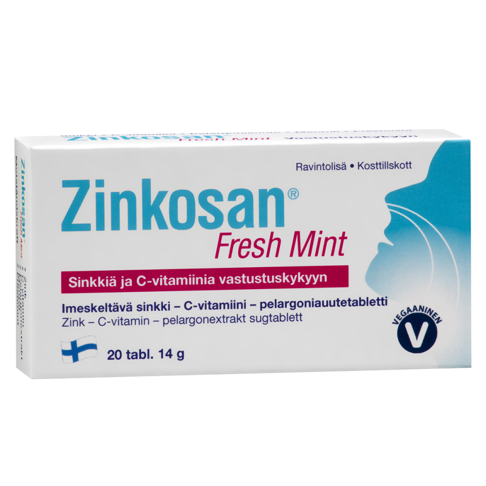ZINKOSAN Freshint imeskeltävä sinkki – C-vitamiini – pelargoniauutetabletti 20 tabl.
