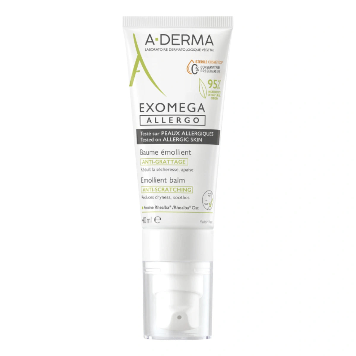A-DERMA Exomega Allergo 40 ml auttaa vähentämään ärsytystä ja punoitusta kuivalla atooppisella iholla