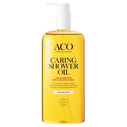ACO Body Caring Shower Oil hajusteeton 400 ml – hoitava suihkuöljy kuivalle ja herkälle iholle
