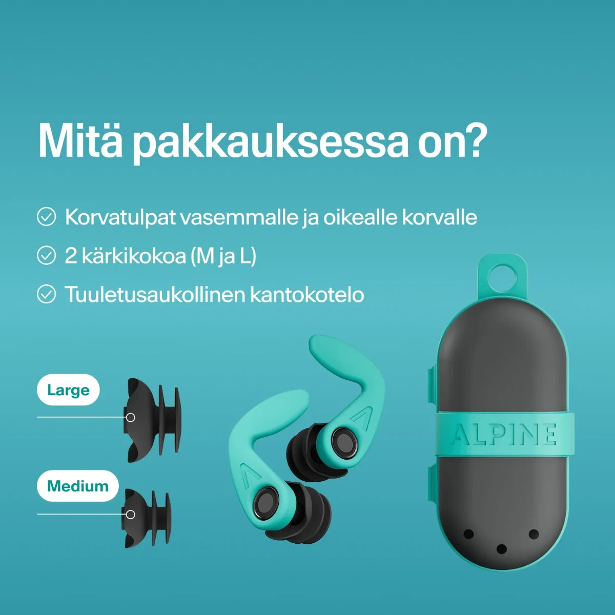 Alpine WaterSafe korvatulpat -pakkaus sisältää 1 parin korvatukppia, sovitteet ja kotelon