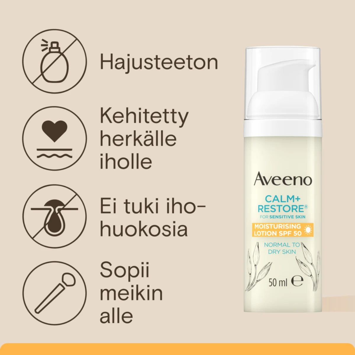 Aveeno Calm Restore Moisturising Lotion SPF50 kosteusvoide on hajusteeton