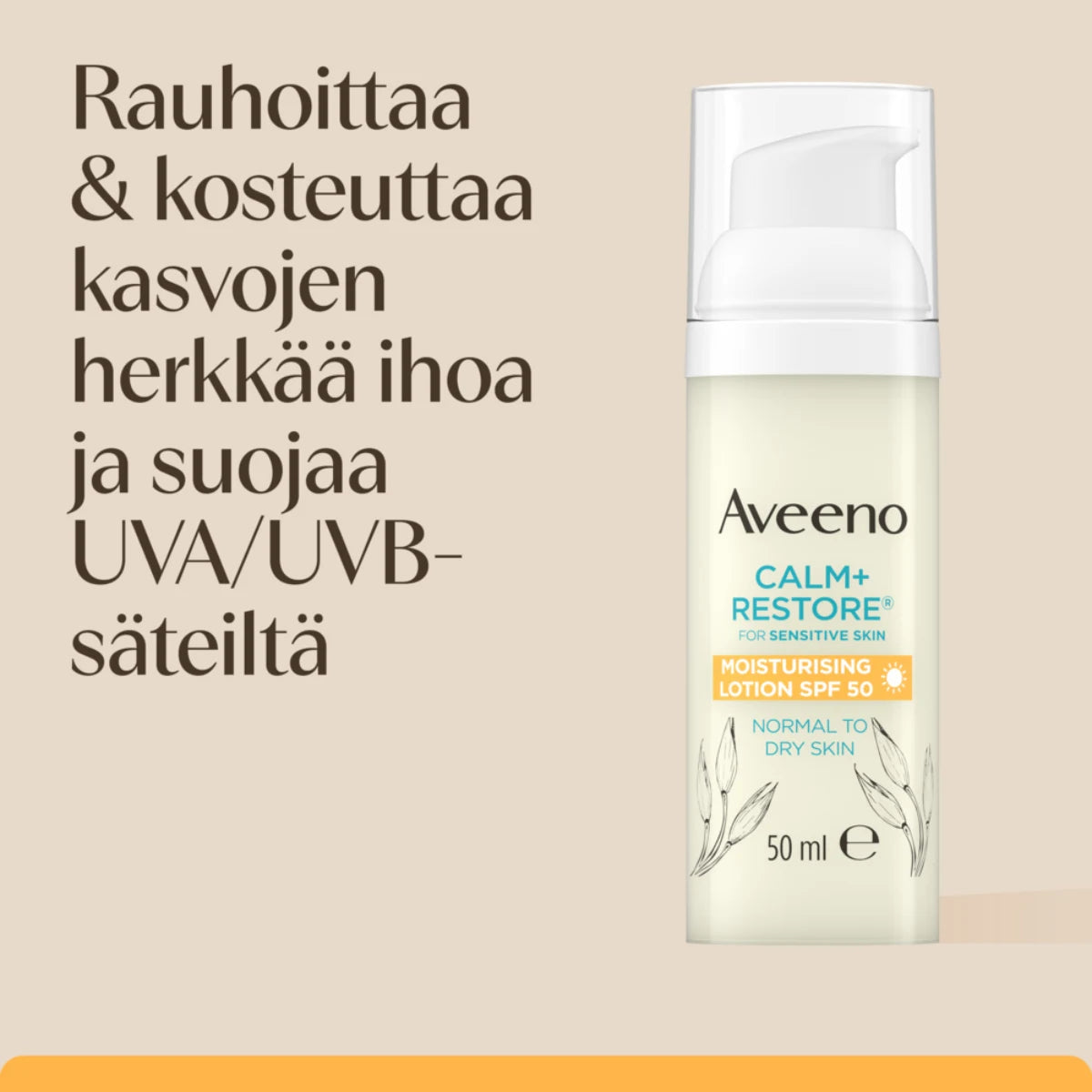 Aveeno Calm Restore Moisturising Lotion SPF50 kosteusvoide rauhoittaa ja kosteuttaa kasvojen herkkää ihoa
