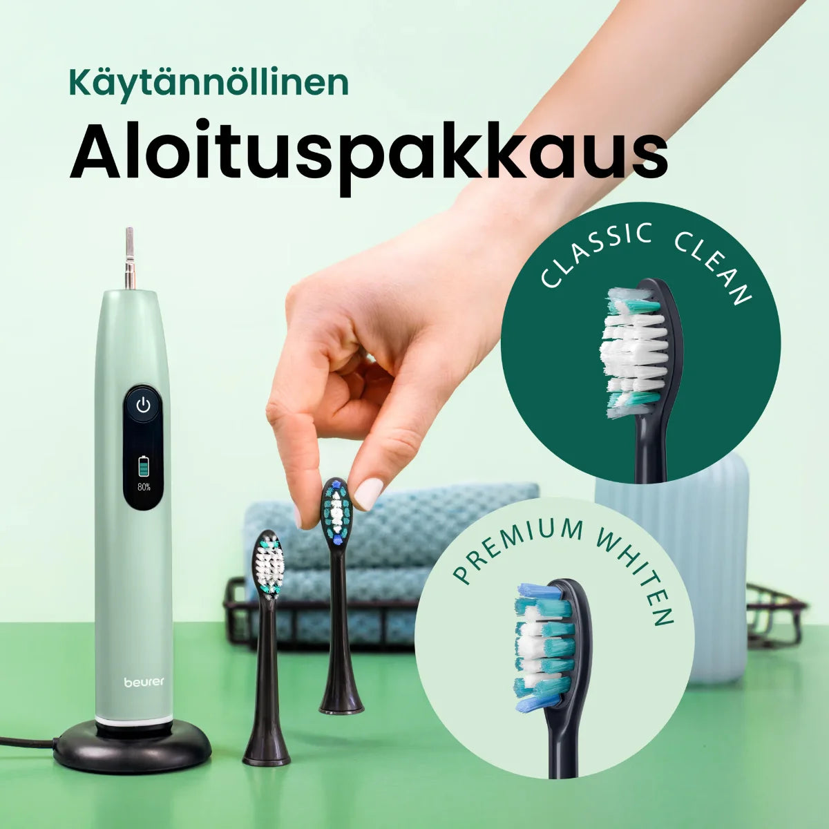 Beurer SC50 Sonic-sähköhammasharja, Peppermint aloituspakkauksessa kaksi eri vaihtopäätä