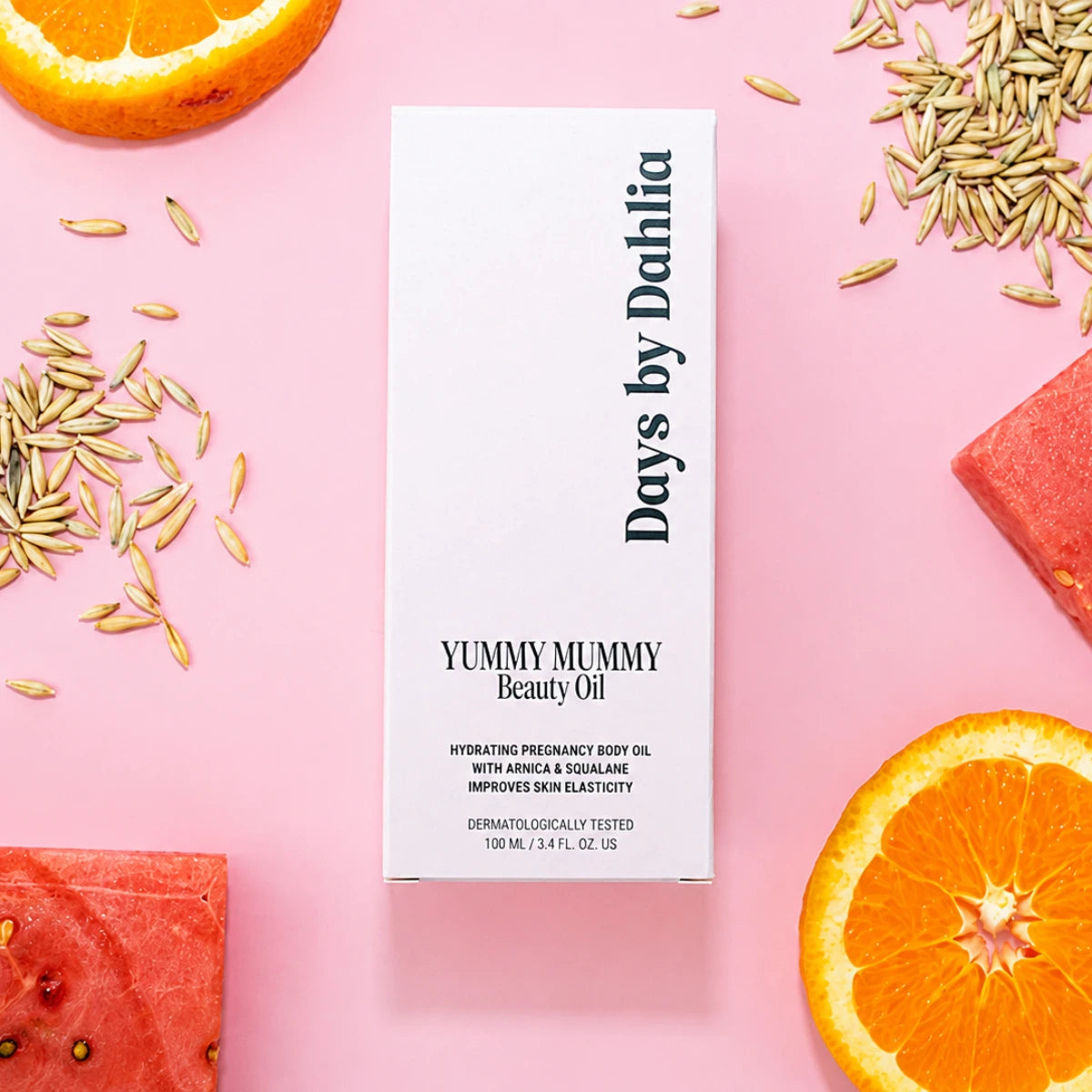 Days by Dahlia Yummy Mummy Beauty Oil sisältää kosteuttavia ainesosia, appelsiinin tuoksuinen vartaloöljy