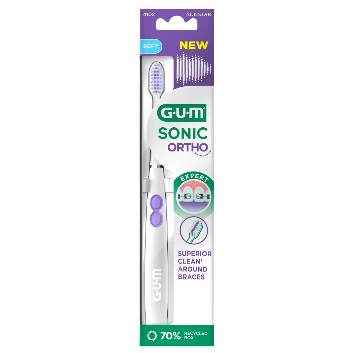GUM Sonic Ortho paristohammasharja sisältää rungon, harjan ja pariston