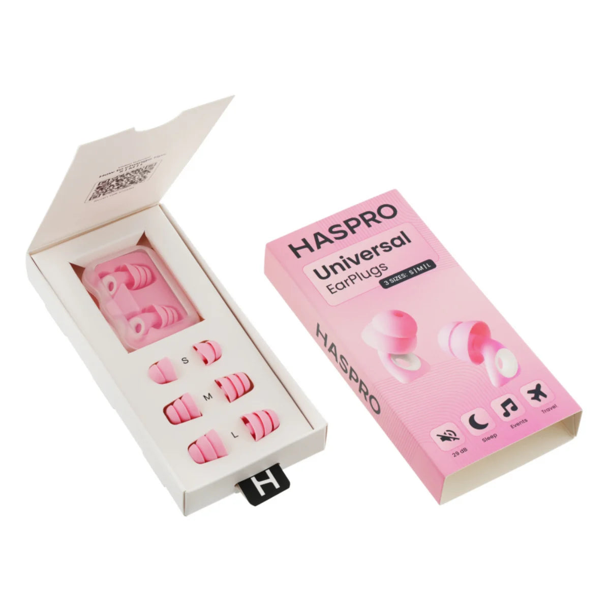 Haspro Universal Pink silikonikorvatulpat asettimella ja suojakotelolla