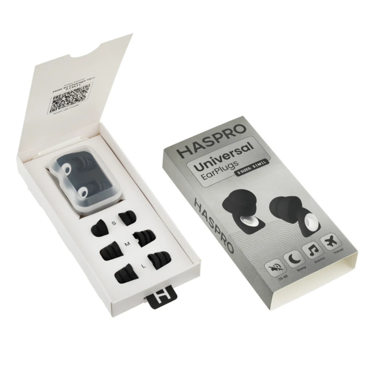 Haspro Universal Musta silikonikorvatulpat S/M/L 3 vaihtoparia ja suojakotelo