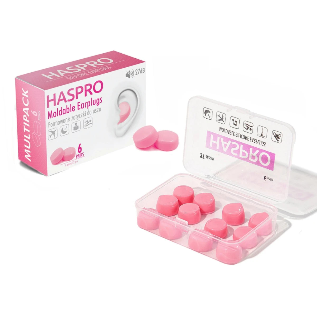 HASPRO Moldable silikonikorvatulpat suojaamaan vedeltä ja melulta, pinkki. Sisältää kuusi paria muotoiltava korvatulppia.