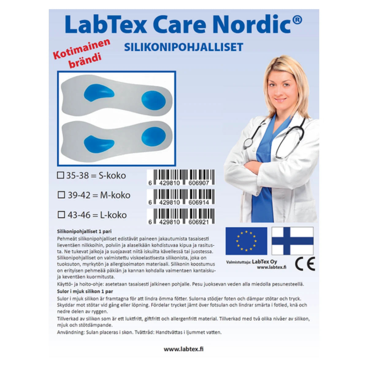 LABTEX Care Nordic Silikonipohjalliset S-koko 2 kpl keventää jalkapohjaan kohdistuvaa kuormitusta