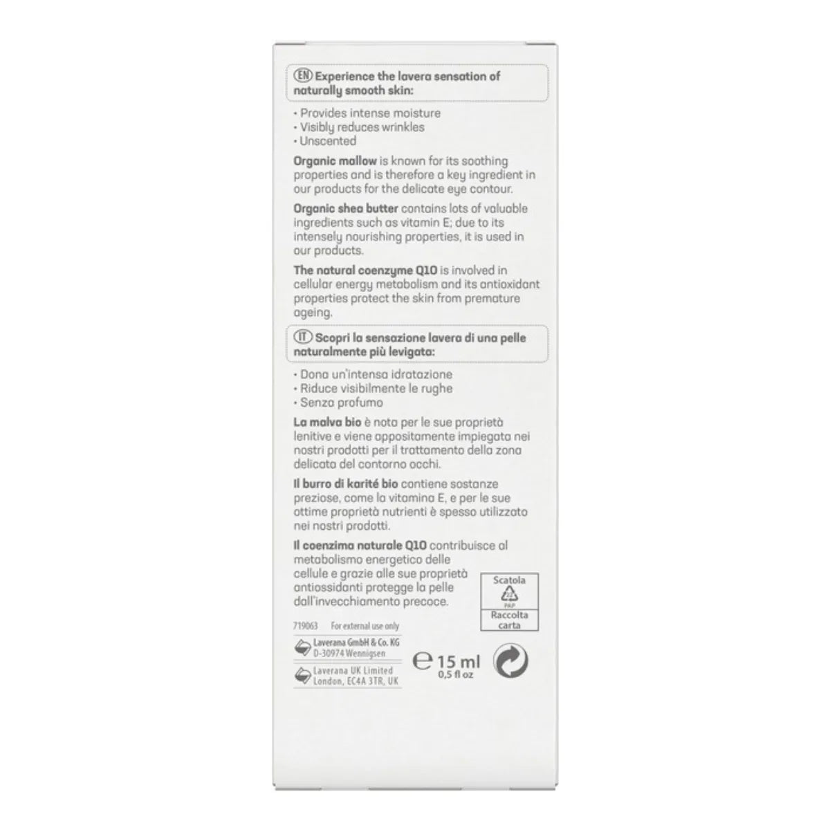 Lavera Basis Sensitiv Q10 Eye Cream 15 ml silmänympärysvoide ympäristöystävällisessä pakkauksessa 