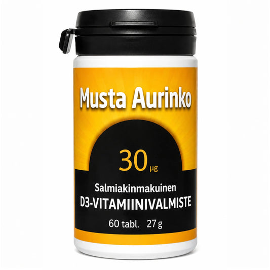 MUSTA Aurinko D3-vitamiini 30 mikrog salmiakinmakuinen 60 purutabl