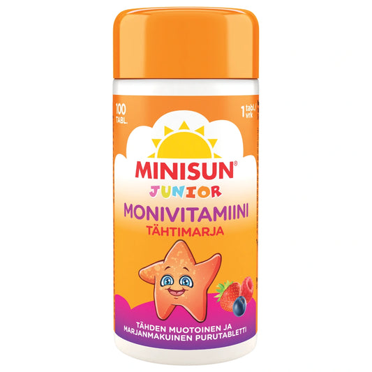 MINISUN Junior Monivitamiini Tähtimarja purutabletti 100 kpl tähdenmuotoinen ja marjanmakuinen