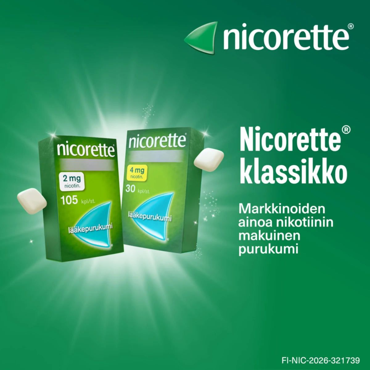 NICORETTE lääkepurukumi on nikotiininmakuinen purukumi