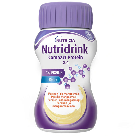 NUTRIDRINK Compact Protein Persikan- ja mangonmakuinen 4x125 ml tiivistetymmässä muodossa oleva pirtelömäinen täydennysravintojuoma