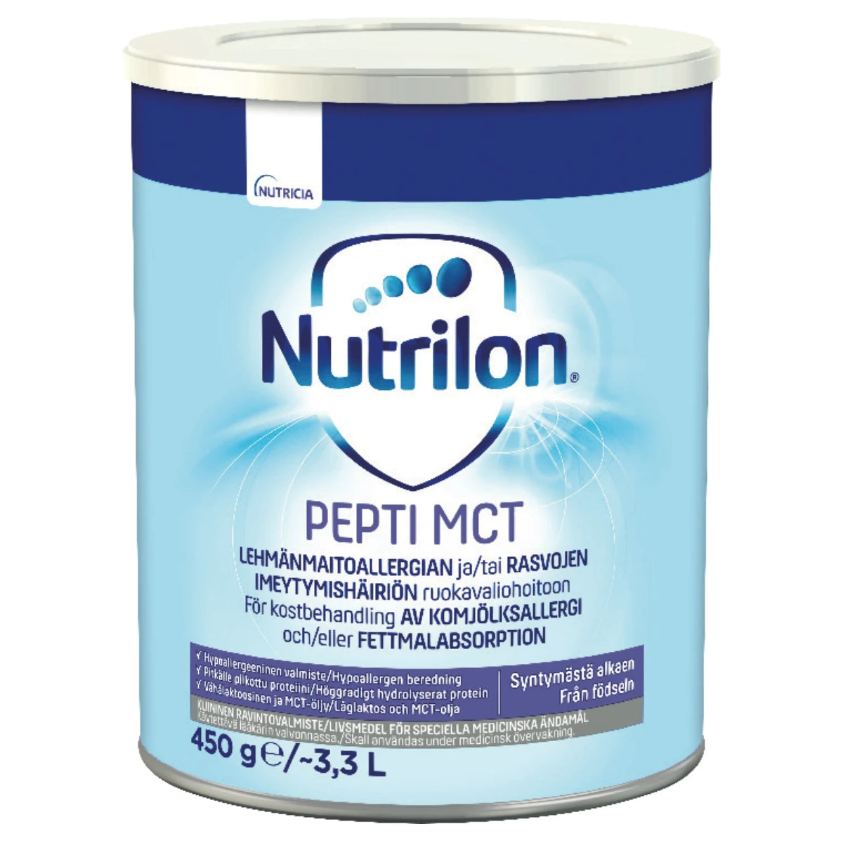 NUTRILON Pepti MCT 450 g imeväisen kliininen ravintovalmiste lehmänmaitoallergian ja/tai rasvojen imeytymishäiriöiden ruokavaliohoitoon