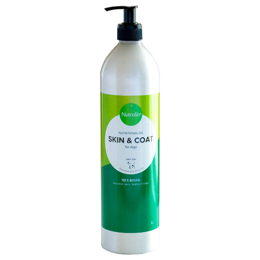 NUTROLIN Skin & Coat 1000 ml rasvahappoja sisältämä ravintoöljy koiran turkille ja iholle