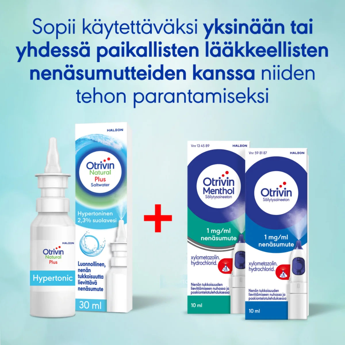 Otrivin Natural Plus Hypertoninen 2,3 % suolavesi sopii käytettäväksi muiden paikallisesti käytettävien nenäsumutteiden kanssa