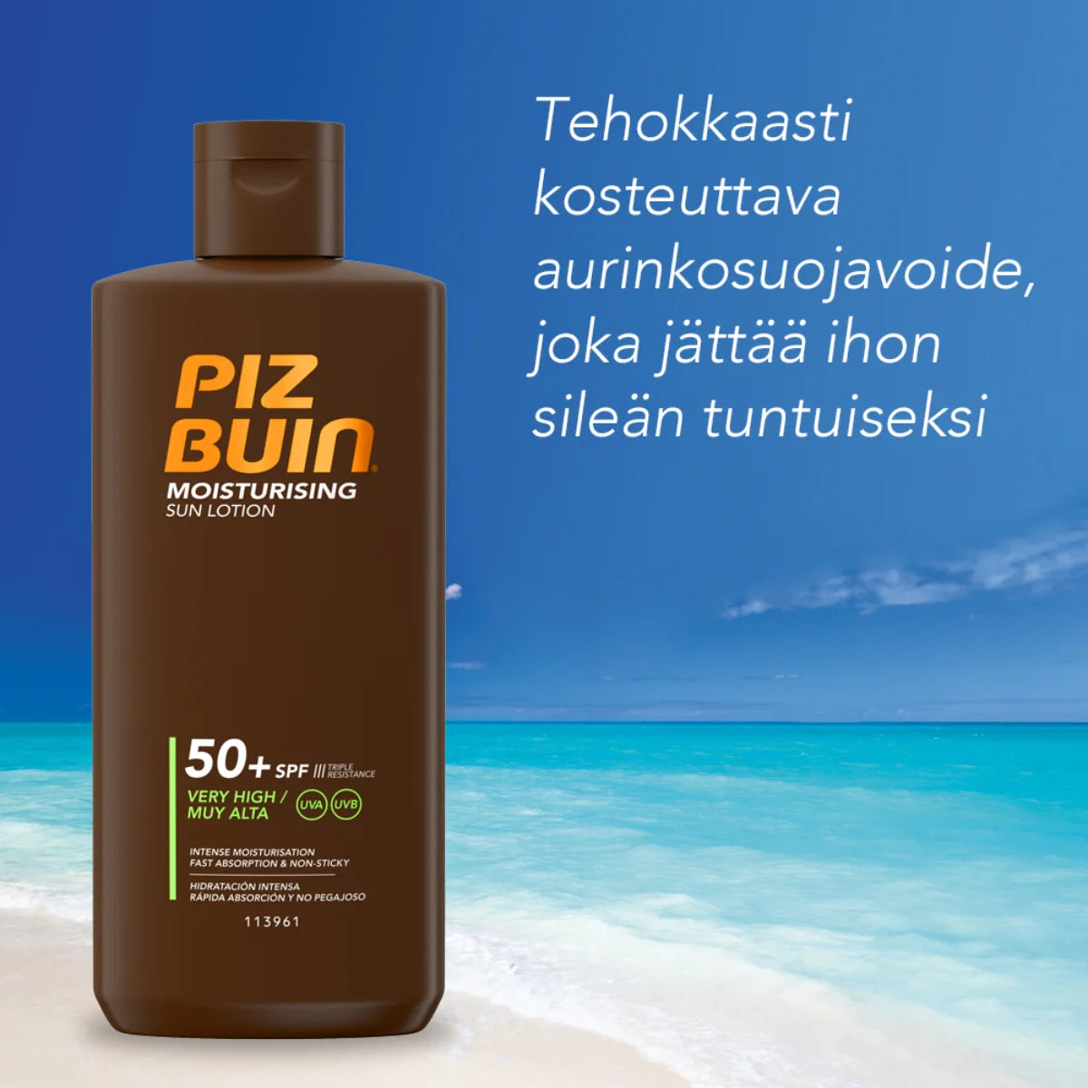 PIZ BUIN Moisturising Sun lotion SPF50+ aurinkosuojavoide on tehokkaasti kosteuttava aurinkosuokavoide