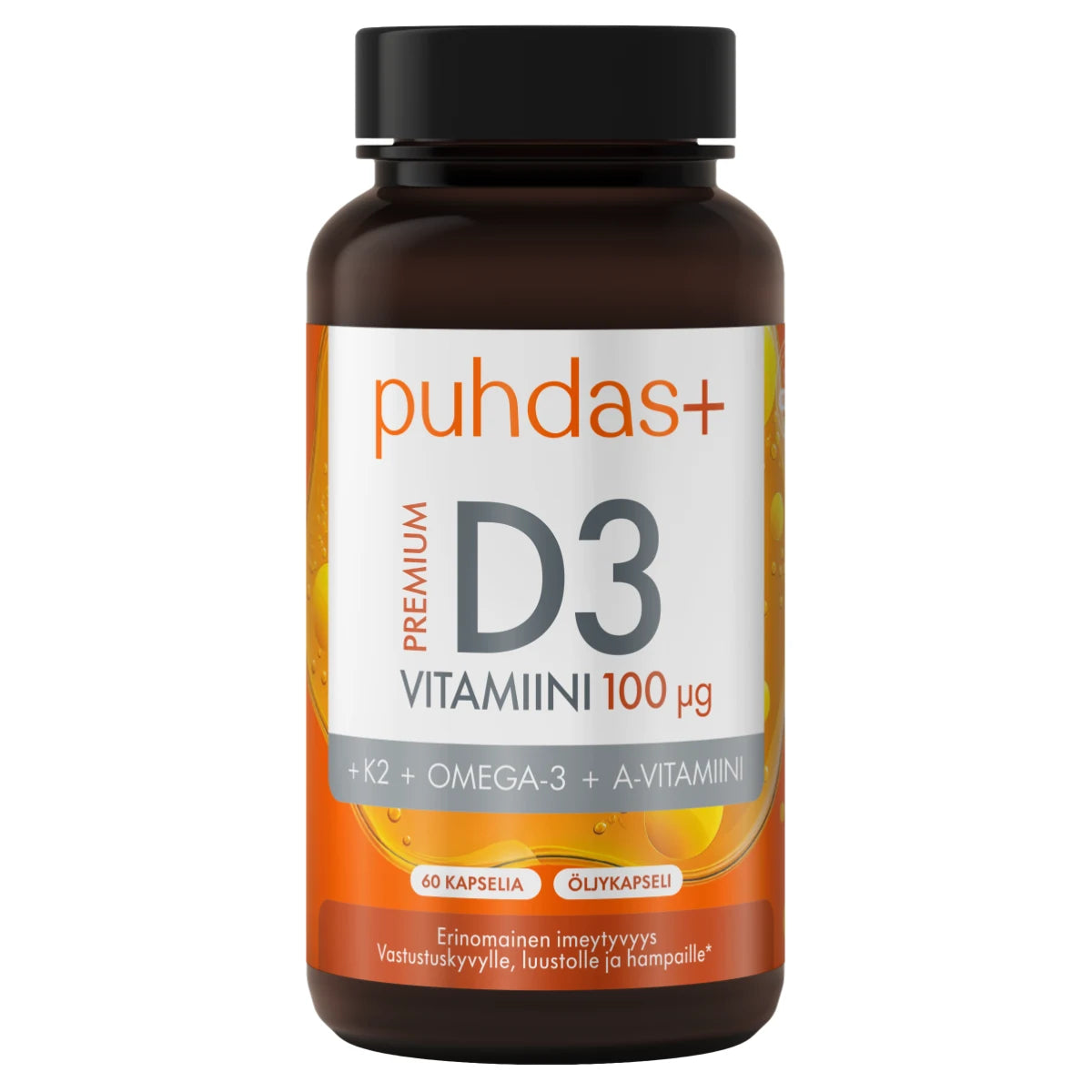 Puhdas+ Premium D3-vitamiini 100 mikrog + K2 + Omega-3 + A-vitamiini 60 kaps