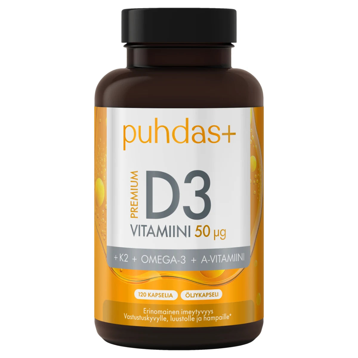 Puhdas+ Premium D3-vitamiini 50 mikrog + K2 + Omega-3 + A-vitamiini 120 kaps