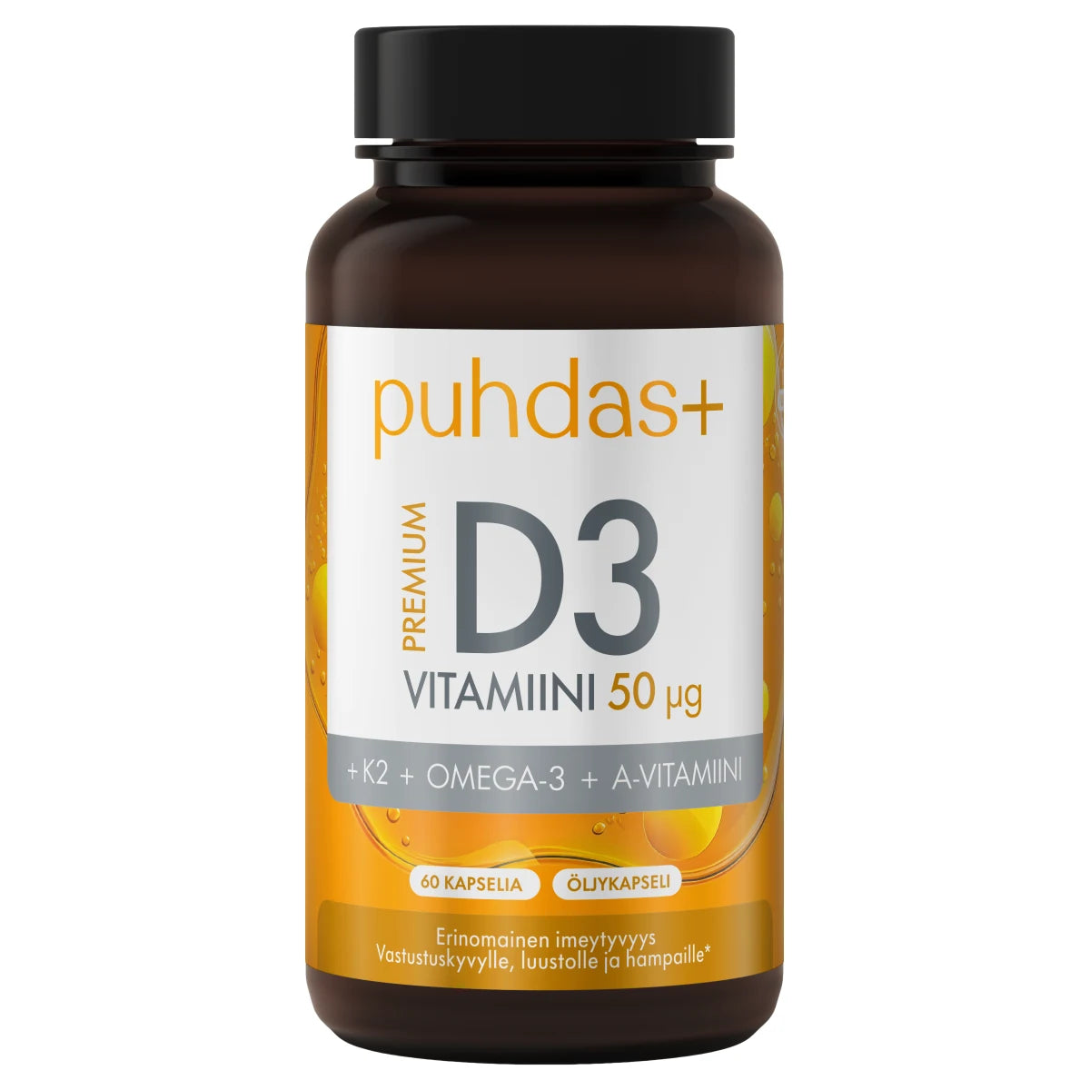 Puhdas+ Premium D3-vitamiini 50 mikrog + K2 + Omega-3 + A-vitamiini 60 kaps