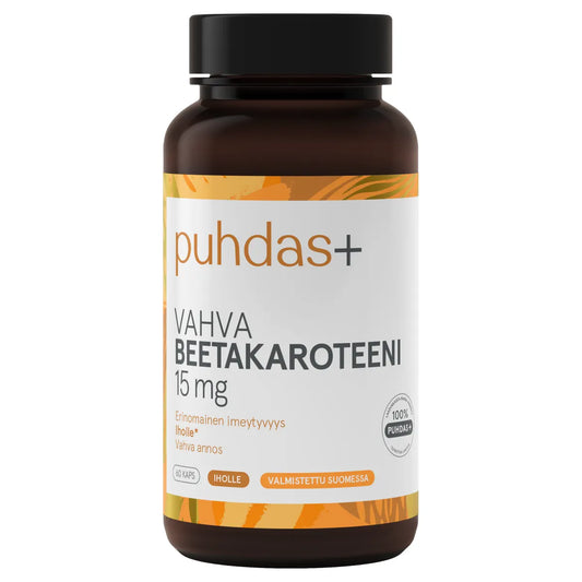 Puhdas+ Vahva Beetakaroteeni 15 mg – Luonnollinen A-vitamiinin esiaste, joka tukee ihon normaalia toimintaa