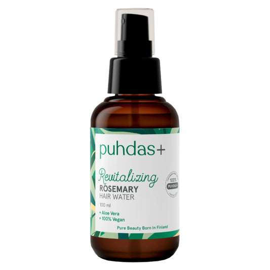 PUHDAS+ Revitalising Rosemary Hair Water 100 ml sisältää rosmariinia ja aloe veraa