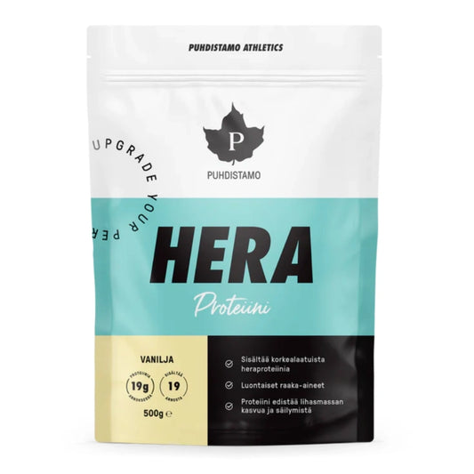 PUHDISTAMO Athletics Heraproteiini Vanilja 500 g herkullisen vaniljan makuinen proteiinilisä,