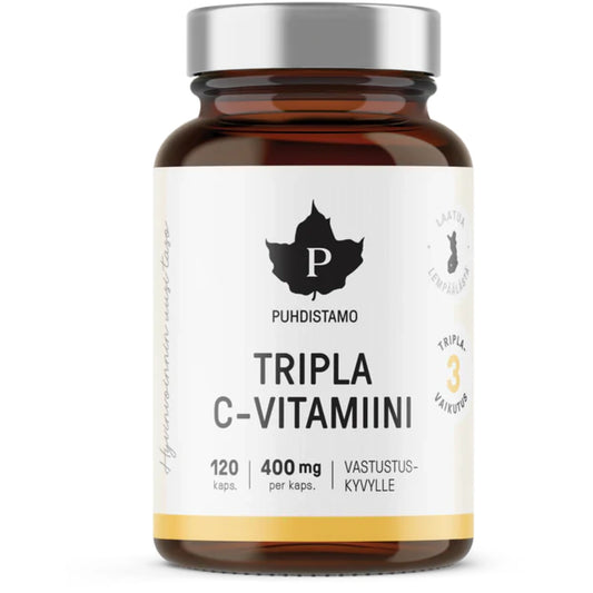 PUHDISTAMO Tripla C-Vitamiini 400 mg kapseli 120 kpl yhdistää kolme tehokasta C-vitamiinin muotoa