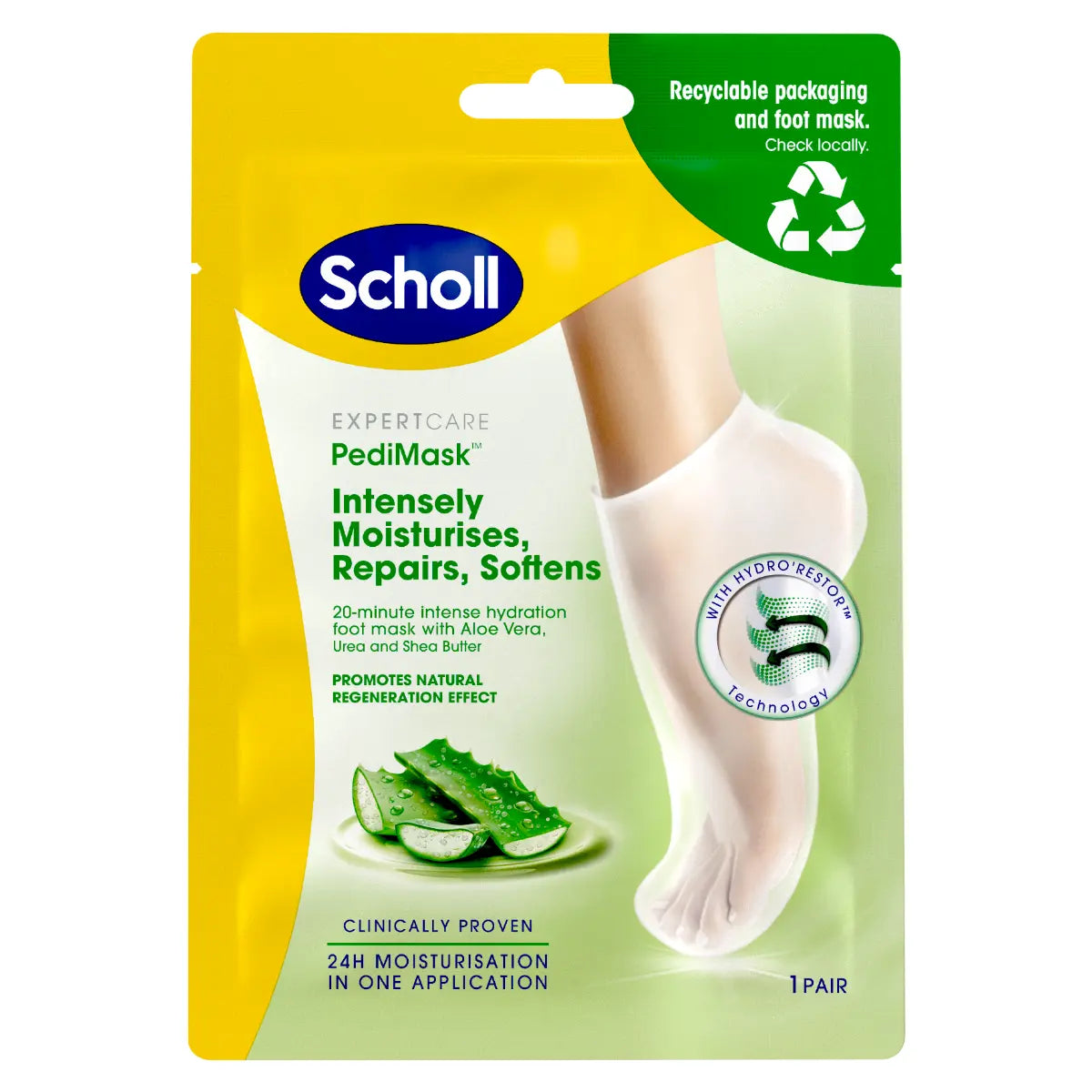 SCHOLL Moisturising PediMask Aloe Vera jalkanaamio korjaa ja pehmentää jalkojen ihoa