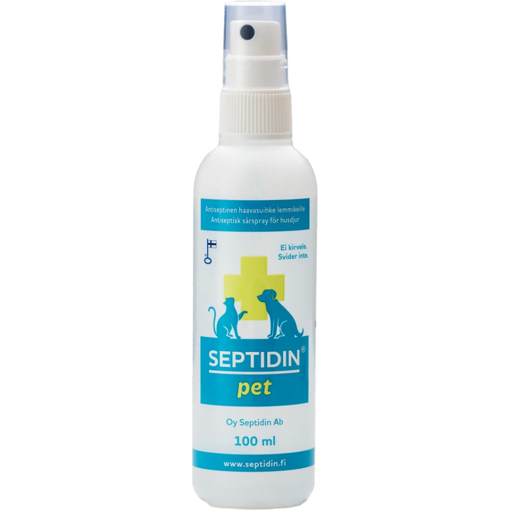 SEPTIDIN Pet haavasuihke 100 ml puhdistaa lemmikin pienet haavat ja ihovauriot hellävaraisesti.