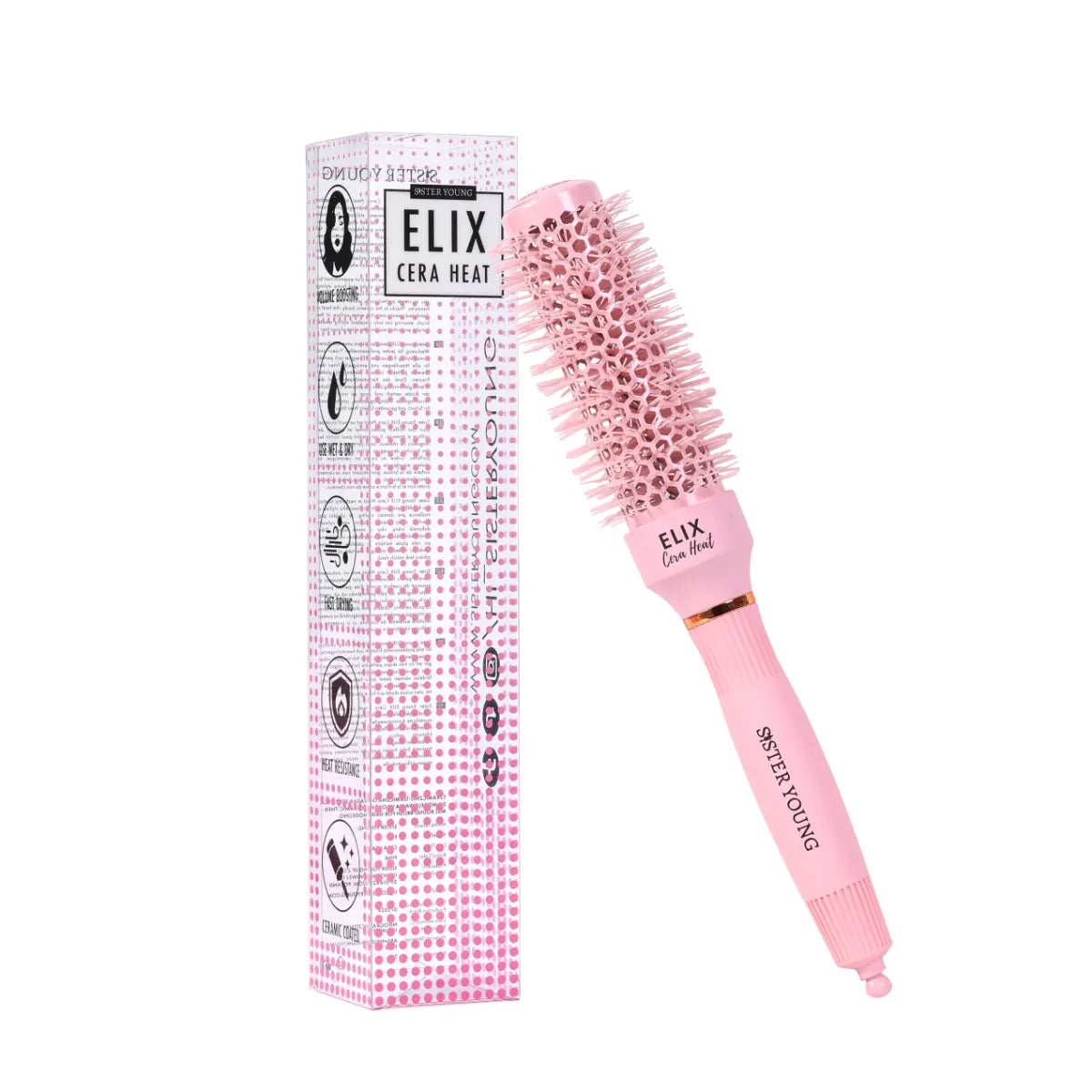 SisterYoung Elix Cera Heat Pink keraaminen pyöreä hiusharja 32 mm, pakkaus