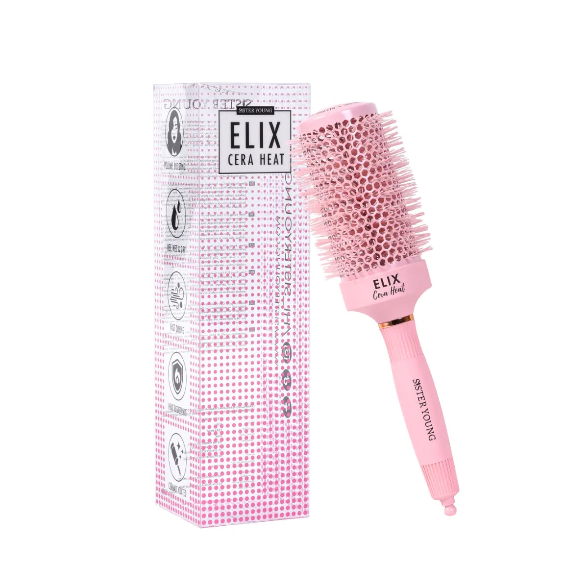 SisterYoung Elix Cera Heat Pink keraaminen pyöreä hiusharja 53 mm pakkaus