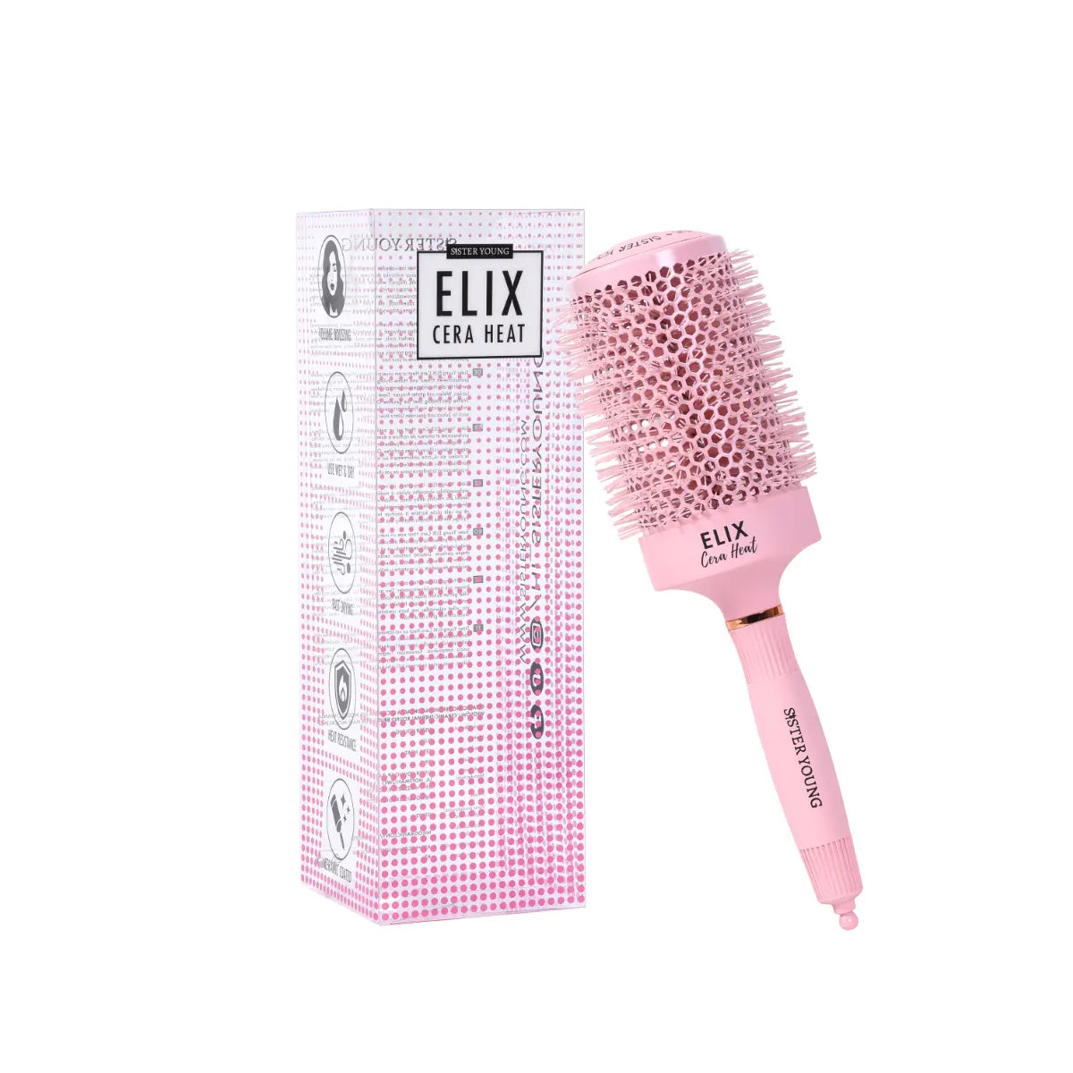 SisterYoung Elix Cera Heat Pink keraaminen pyöreä hiusharja 65 mm pitkille hiuksille