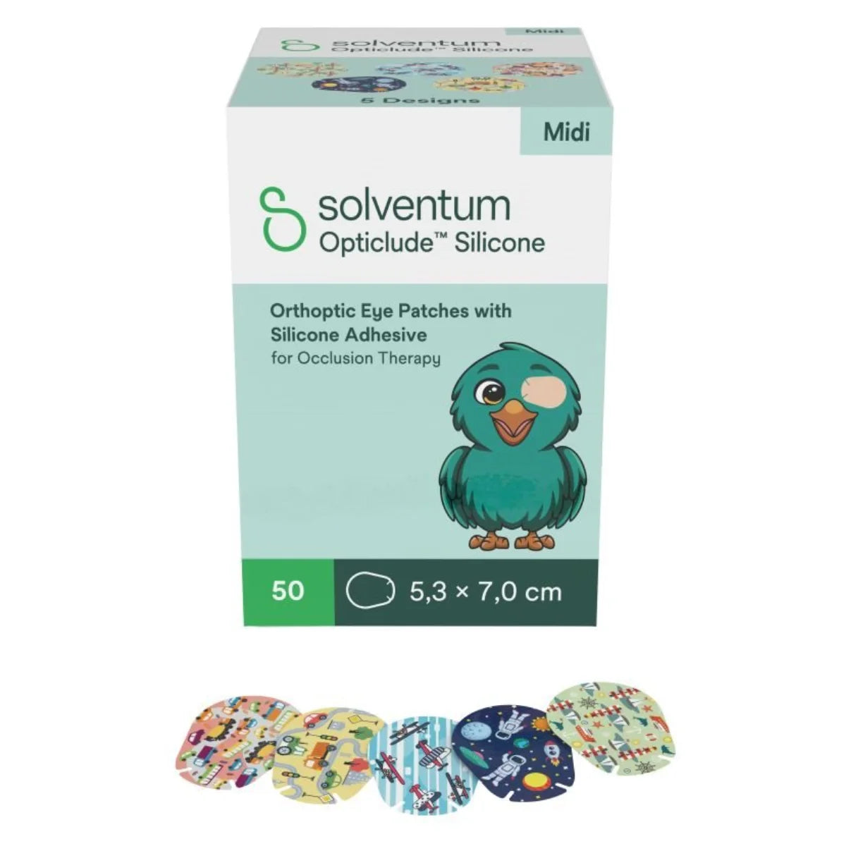 Solventum Opticlude Silicone midi silmälappu peittohoitoon lajitelma pojille 50 kpl