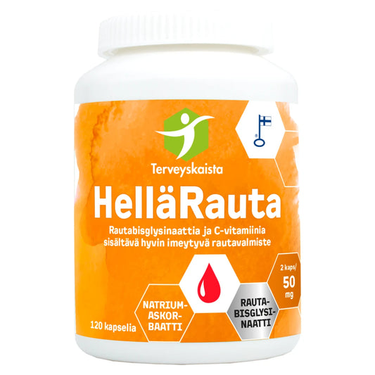 HelläRauta 50 mg + C-vitamiini 120 kaps – sisältää rautaa rautabisglysinaattimuodossa kapselissa