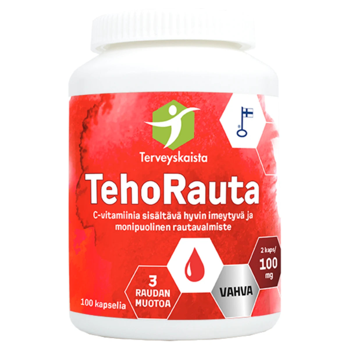 Terveyskaista TehoRauta 100 mg + C-vitamiini 100 kaps – rautaa kolmessa eri muodossa