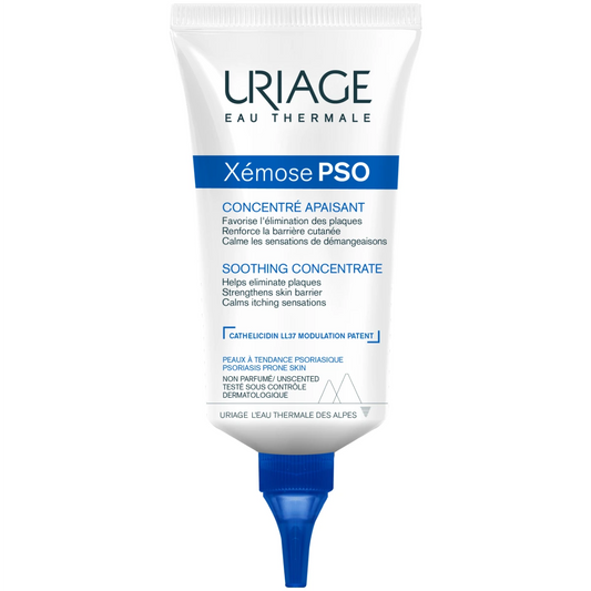 Uriage Xemose PSO Soothing concentrate 150 ml hoitovoide psoriasis-iholle auttaa ehkäisemään kovaa hilsettä ja kutinaa