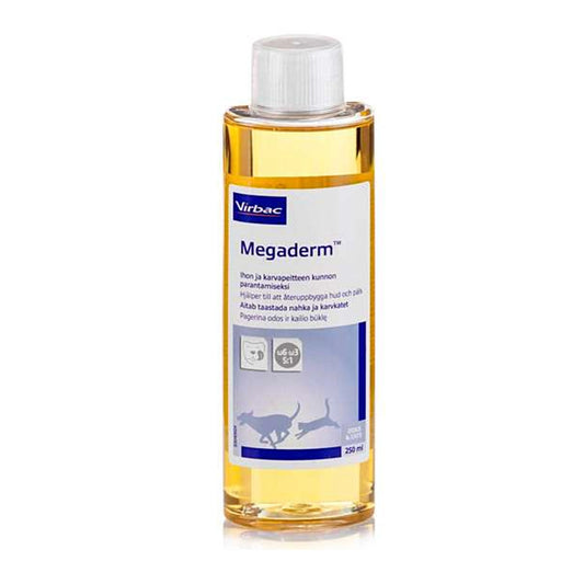 VIRBAC Megaderm Vet rasvahappovalmiste 250 ml ihon ja karvapeitteen kunnon parantamiseksi