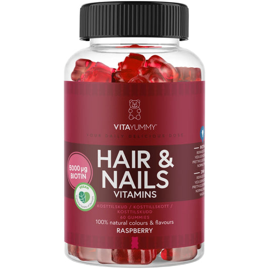 VitaYummy Hair & Nails Raspberry 60 kpl – Vadelmanmakuinen vitamiinivalmiste hiuksille ja kynsille