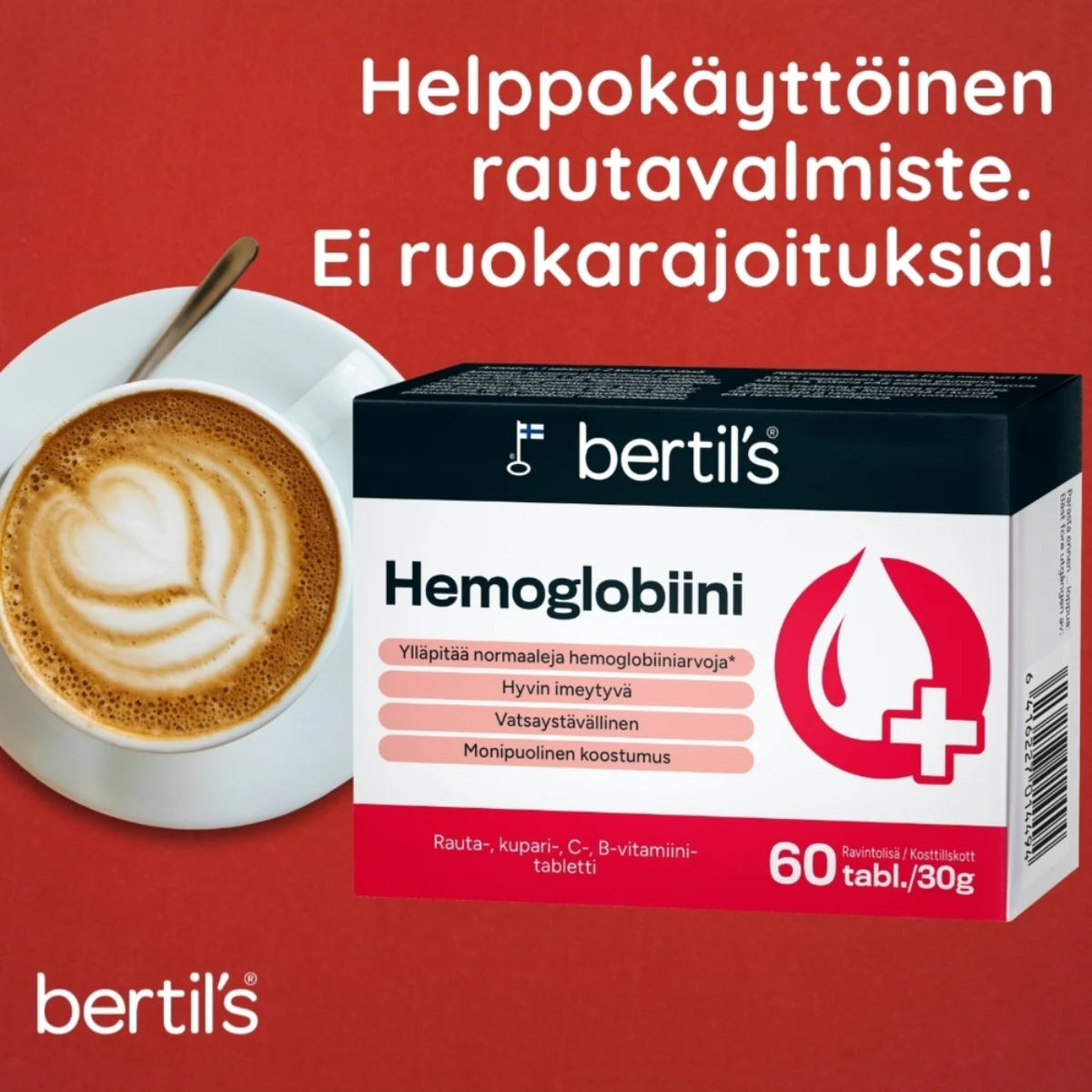 BERTILS Hemoglobiini on helppokäyttöinen rautavalmiste. Ei ruokarajoituksia!