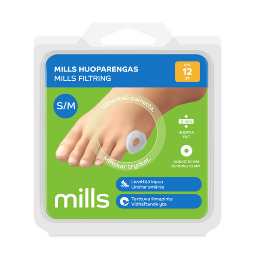 MILLS HUOPARENGAS KÄNSIEN, SYYLIEN JA VAIVASENLUUN KEVENTÄMISEEN, S/M 12 KAPPALETTA