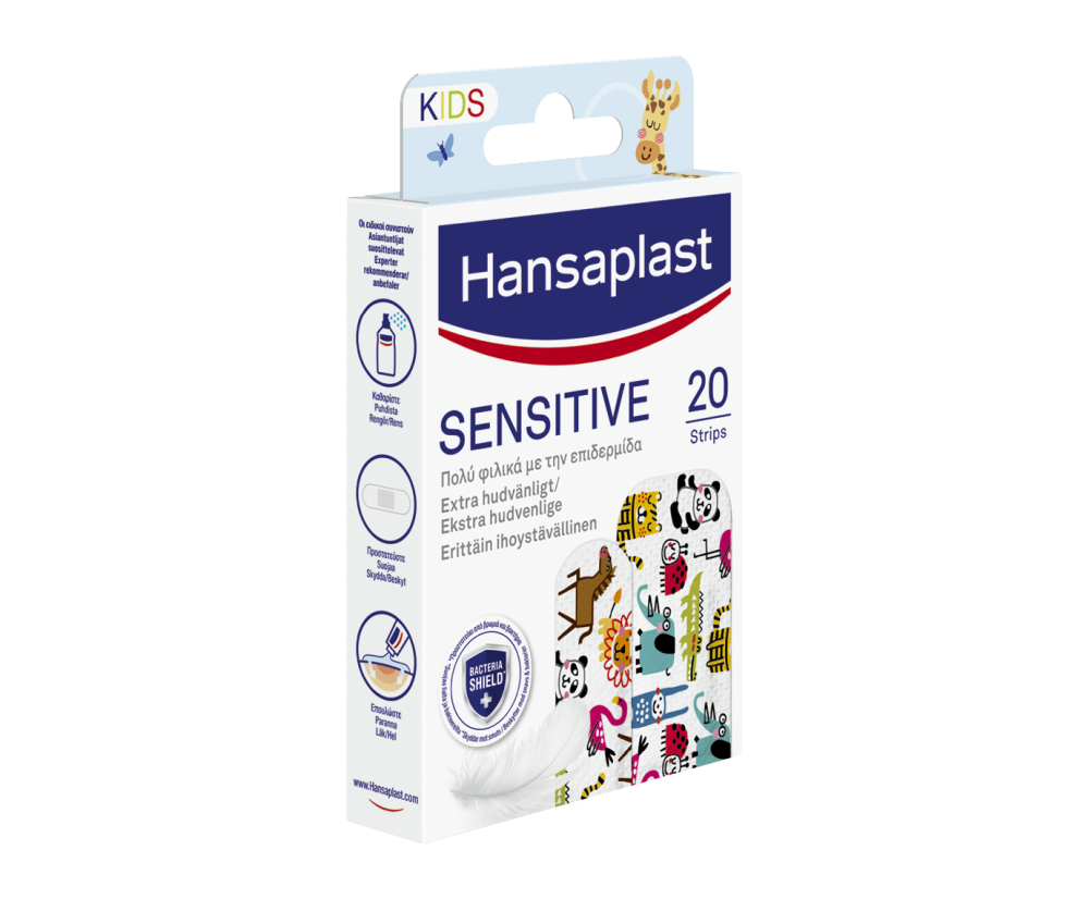 HANSAPLAST Sensitive strips kids eläinkuvoiset laastarit lapsille 20 kpl