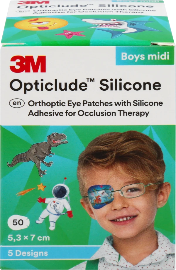 Solventum Opticlude Silicone midi silmälappu peittohoitoon lajitelma pojille 50 kpl